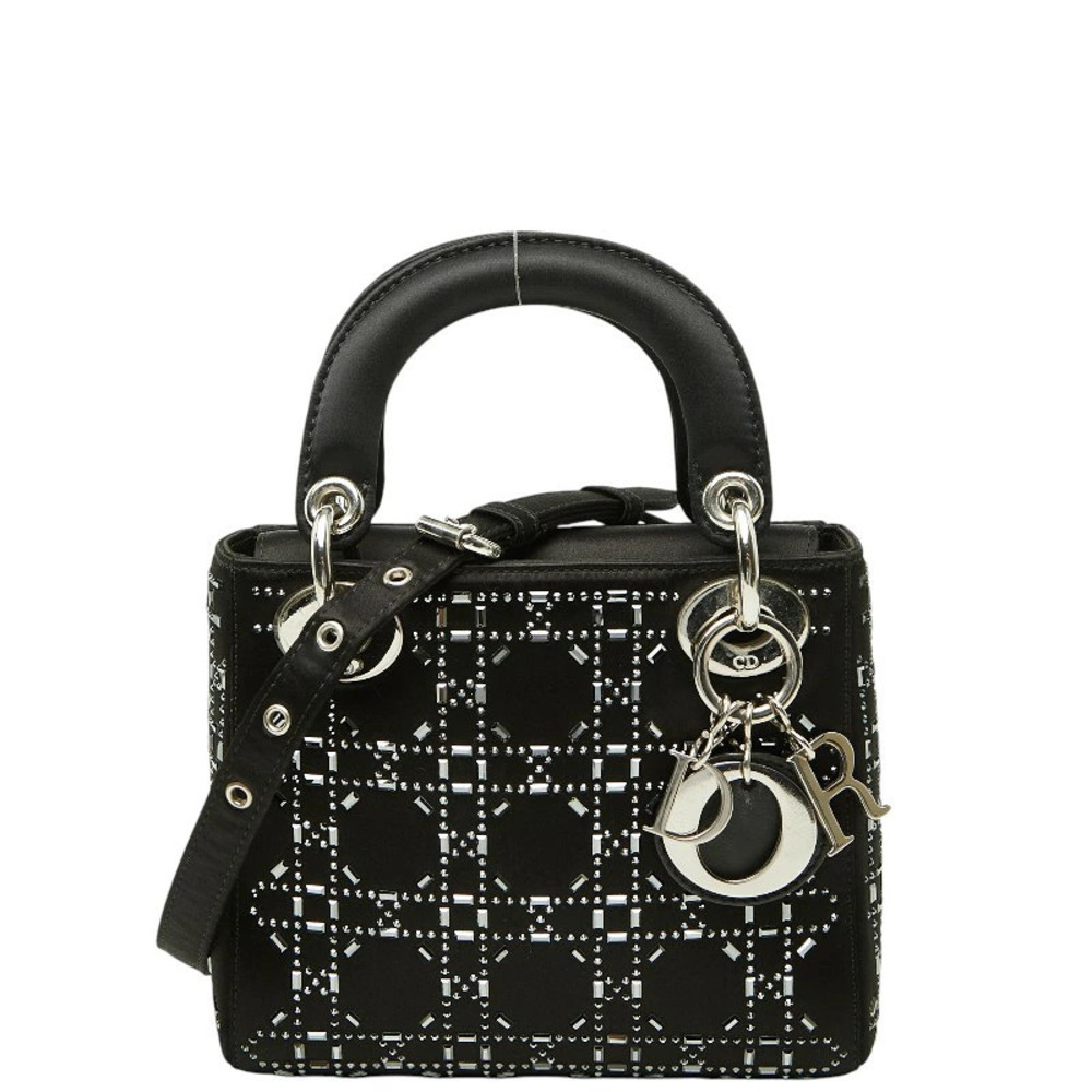 Christian Dior Crystal Cannage Lady 2way Shoulder Bag Black Satin